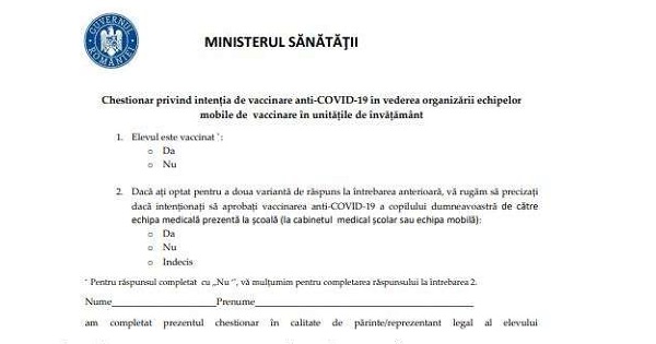Chestionarul despre vaccinare a fost validat. Cum arata chestionarul distribuit de vineri in scoli
