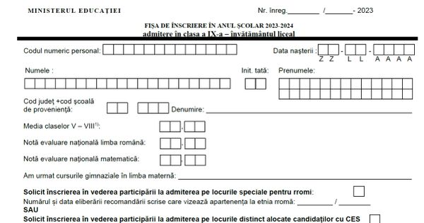 Fisa de admitere la liceu 2023 si Fisa unica de inscriere pentru invatamantul profesional si dual 2023. Calendarul probelor de aptitudini/testarilor de limba straina