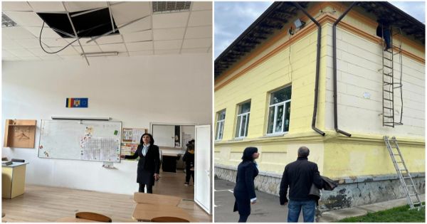 Tavan fals prabusit intr-o sala de clasa, la o scoala din Piatra-Neamt. Elevii nu erau la ore