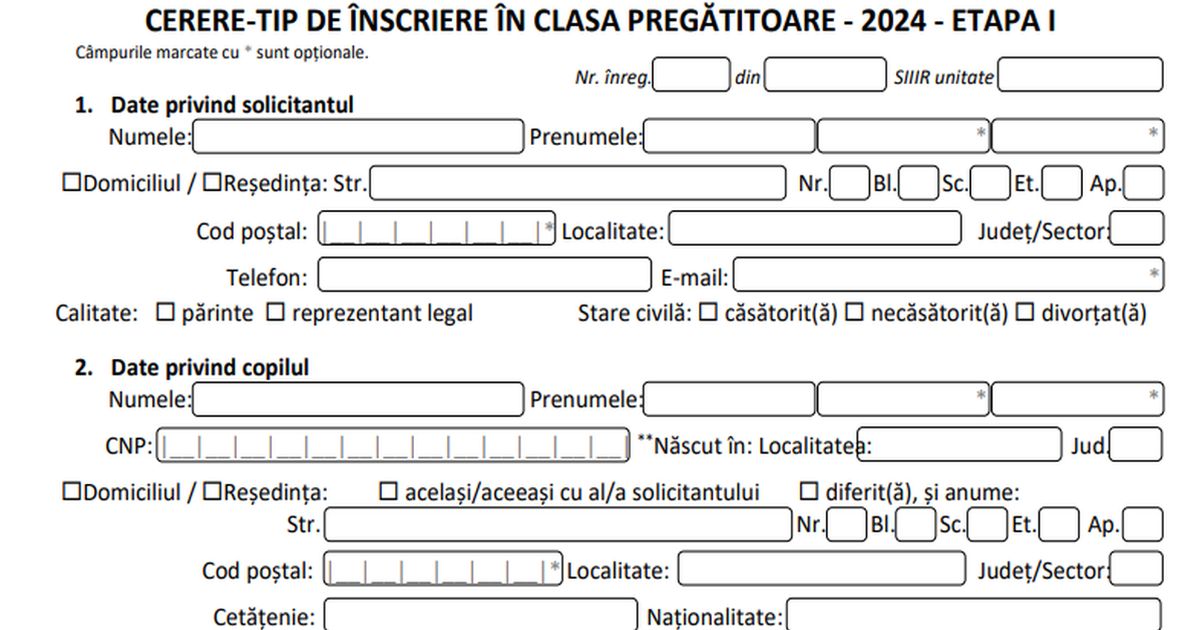 Cerere-tip pentru inscrierea in Clasa pregatitoare 2024: inscrierea se poate face si ONLINE