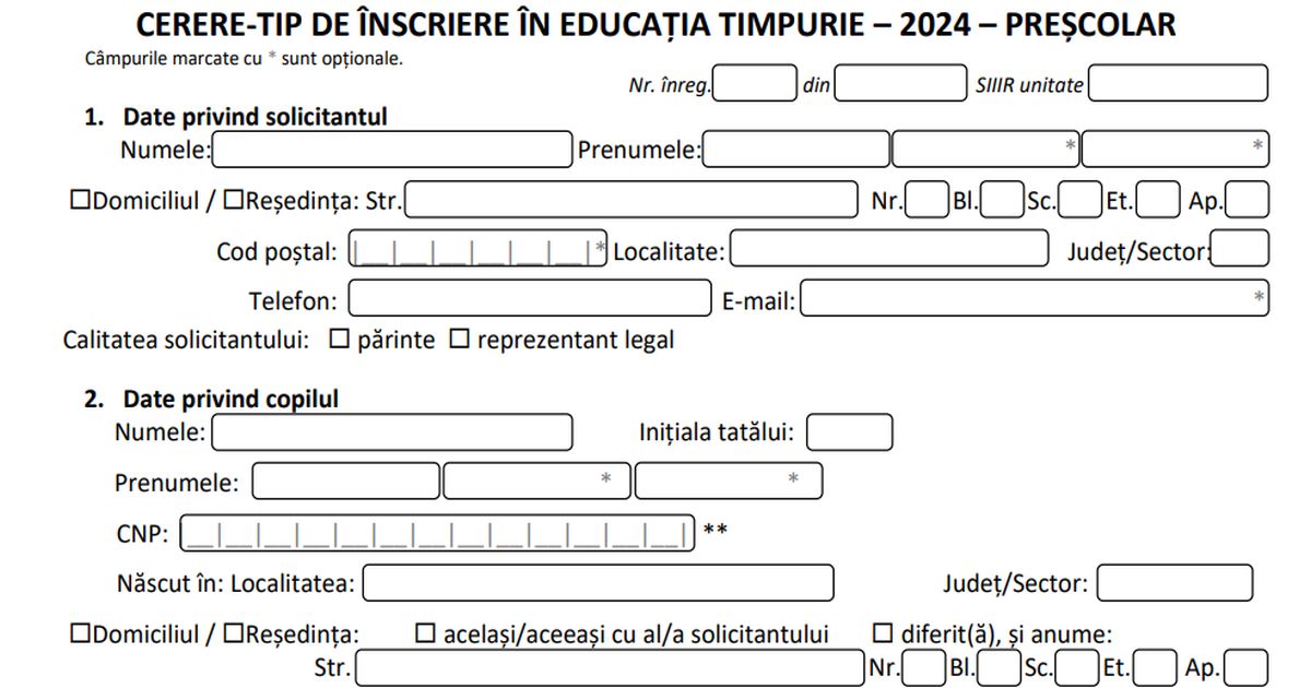 DESCARCA de AICI Cererea-tip de inscriere la gradinita si cresa 2024. Parintii pot depune dosarele incepand cu 27 mai