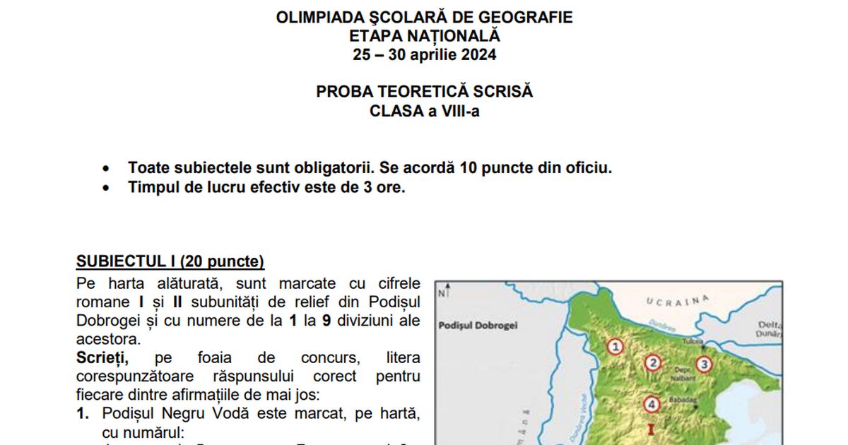 Subiecte si bareme de corectare de la Olimpiada de Geografie, etapa nationala 2024 [PDF]