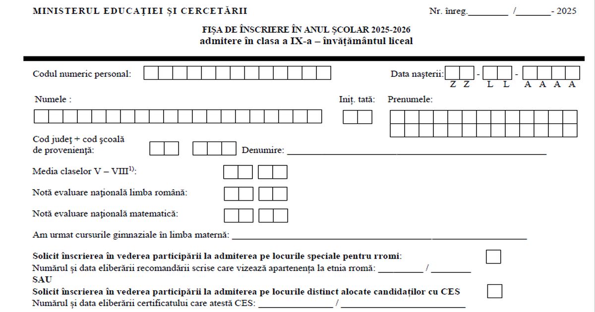 Fisa inscriere liceu 2025 si ANEXA pentru probele de aptitudini si de limba straina. GHID de completare
