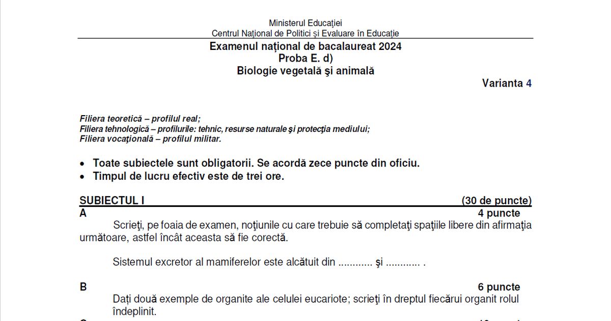 BAC olimpici 2024 Biologie. Subiectele si baremul la Biologie de la Bacalaureat 2024, sesiunea speciala