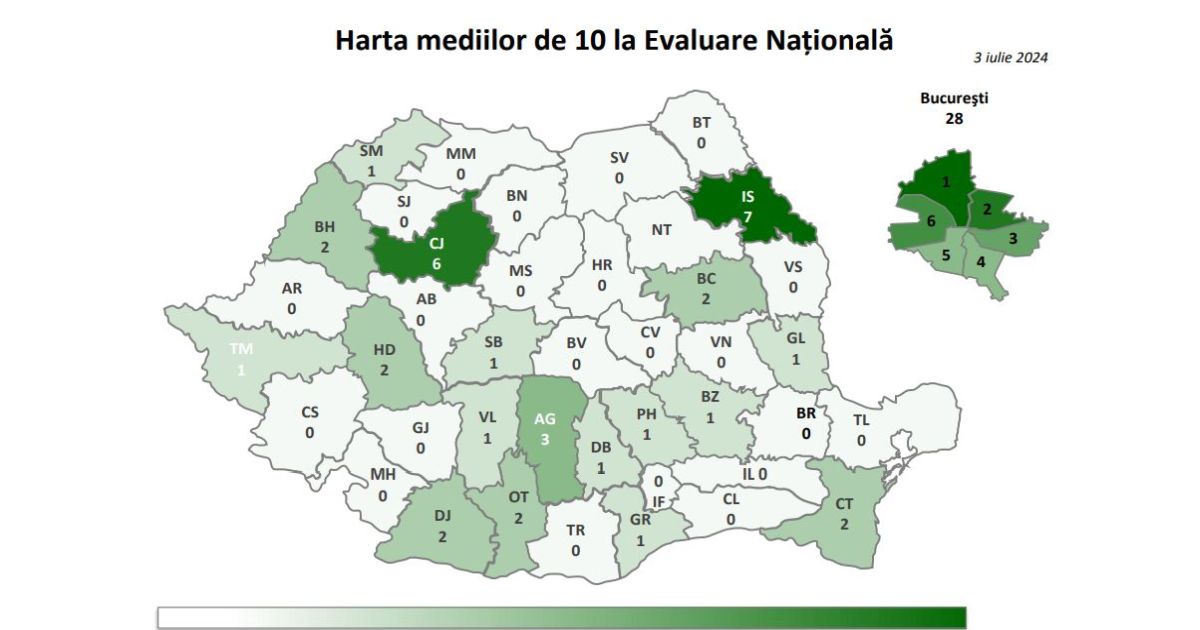 Sinteza Rezultatelor la Evaluarea Nationala 2024, inainte de contestatii. Harta mediilor de 10