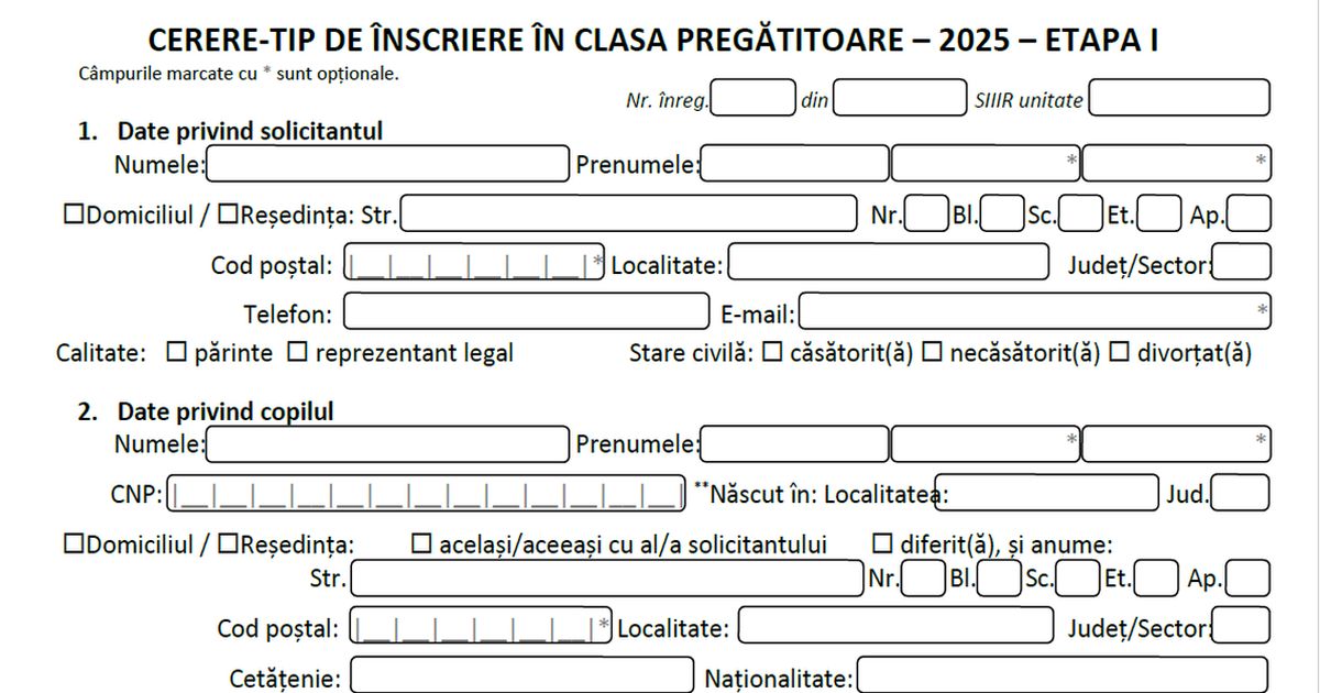 Cerere-tip pentru inscrierea in Clasa pregatitoare 2025: Parintii depun dosarele de luni, 31 martie