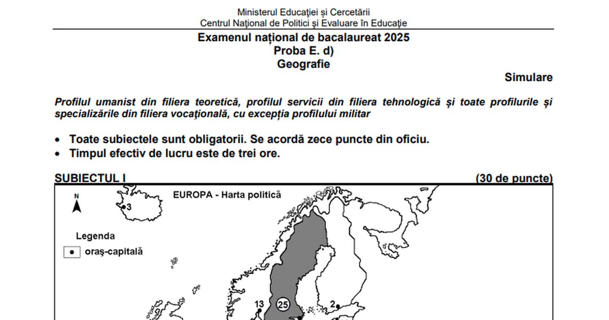 Subiect Simulare Geografie 2025 si Barem de corectare: cum se rezolvau subiectele din foaia de examen