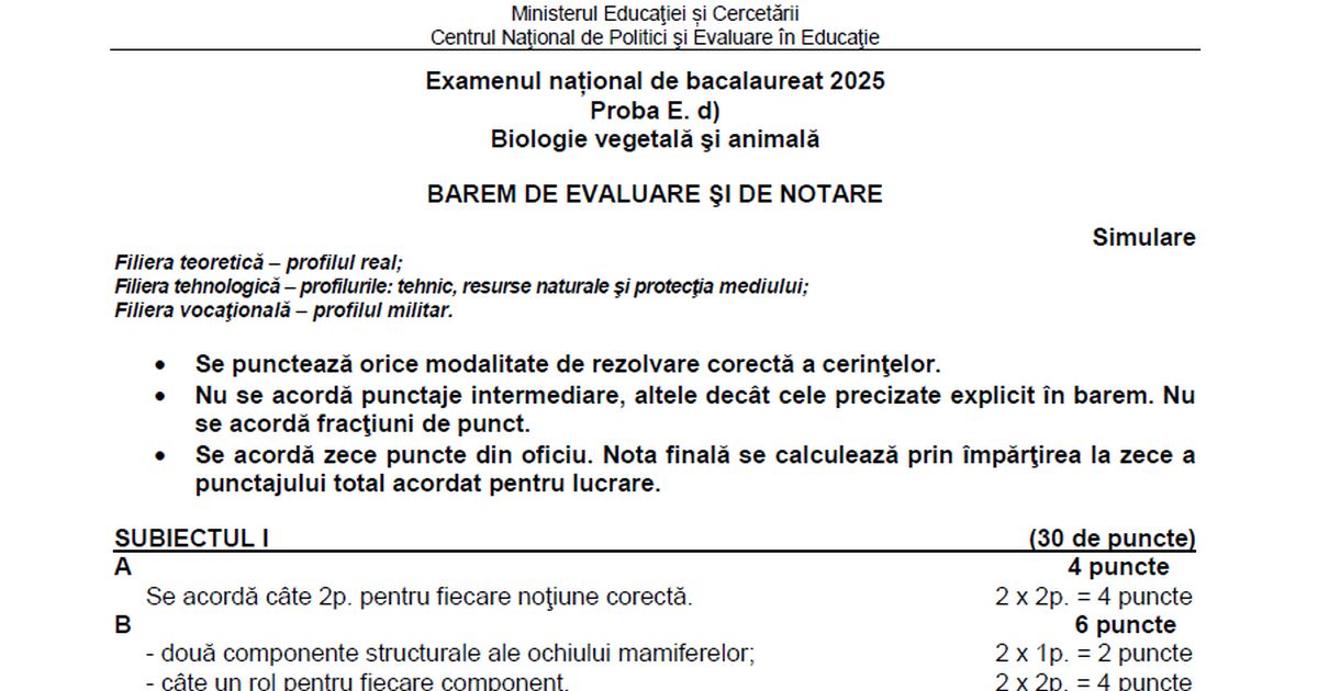 Barem Simulare Biologie Anatomie 2025: rezolvarea subiectelor, publicata de Ministerul Educatiei