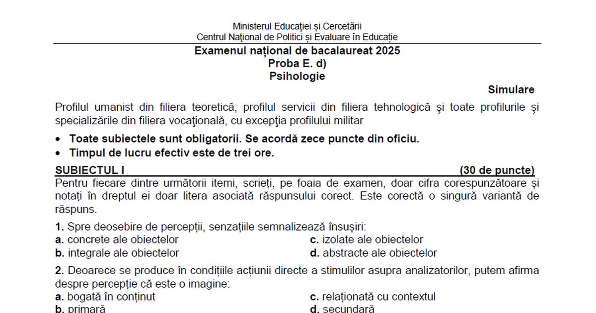Subiecte si Barem Simulare Psihologie BAC 2025: elevii au avut de argumentat ca omul nu se naste cu personalitate, ci devine personalitate