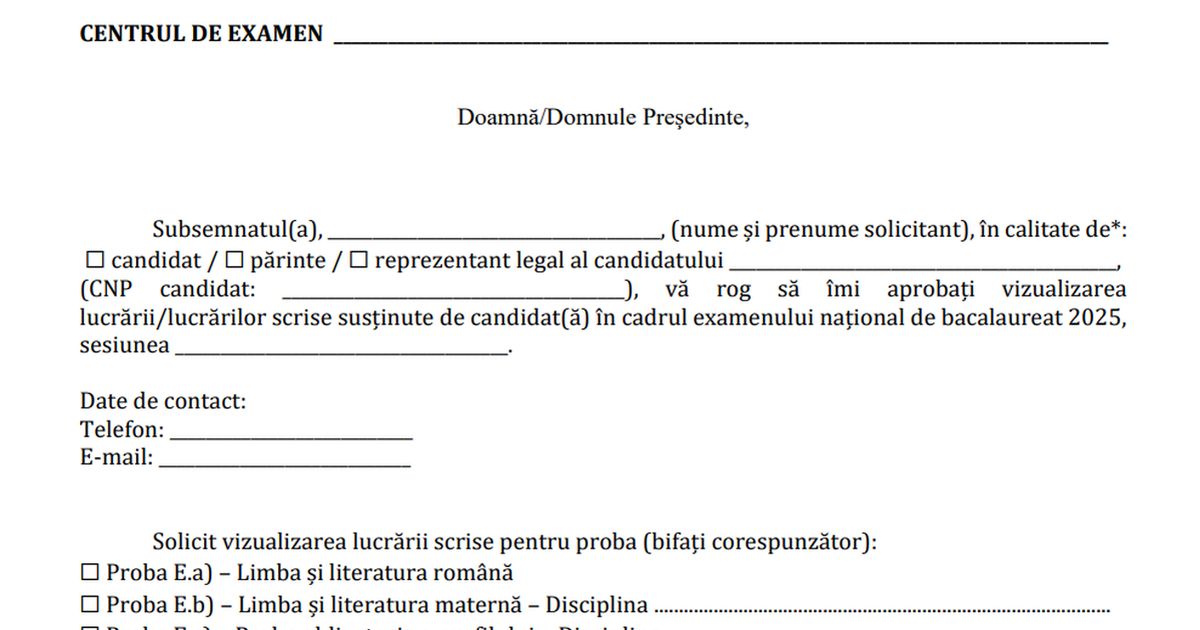 MODEL Cerere-tip de vizualizare a lucrarii scrise la BAC 2025 [DESCARCA cererea]