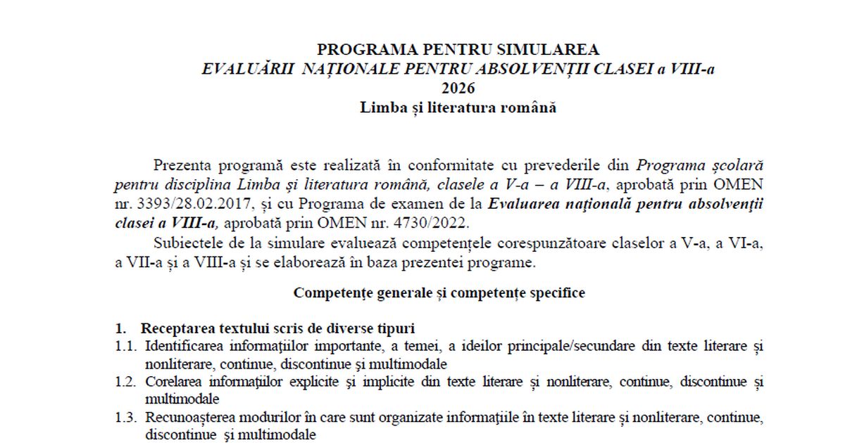 Programa pentru simularea Evaluarii Nationale la Limba romana 2026: Lista continuturi simulare la clasa a VIII-a