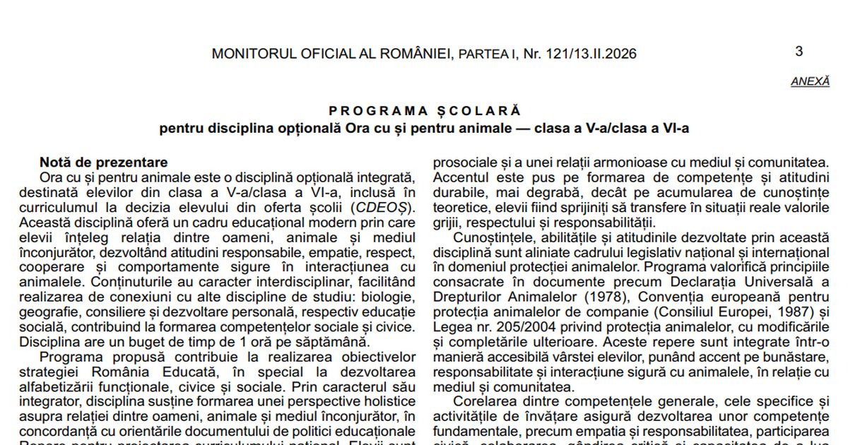 Optionalul "Ora cu si pentru animale": a fost publicata Programa oficiala cu lista de continuturi si sugestii metodologice