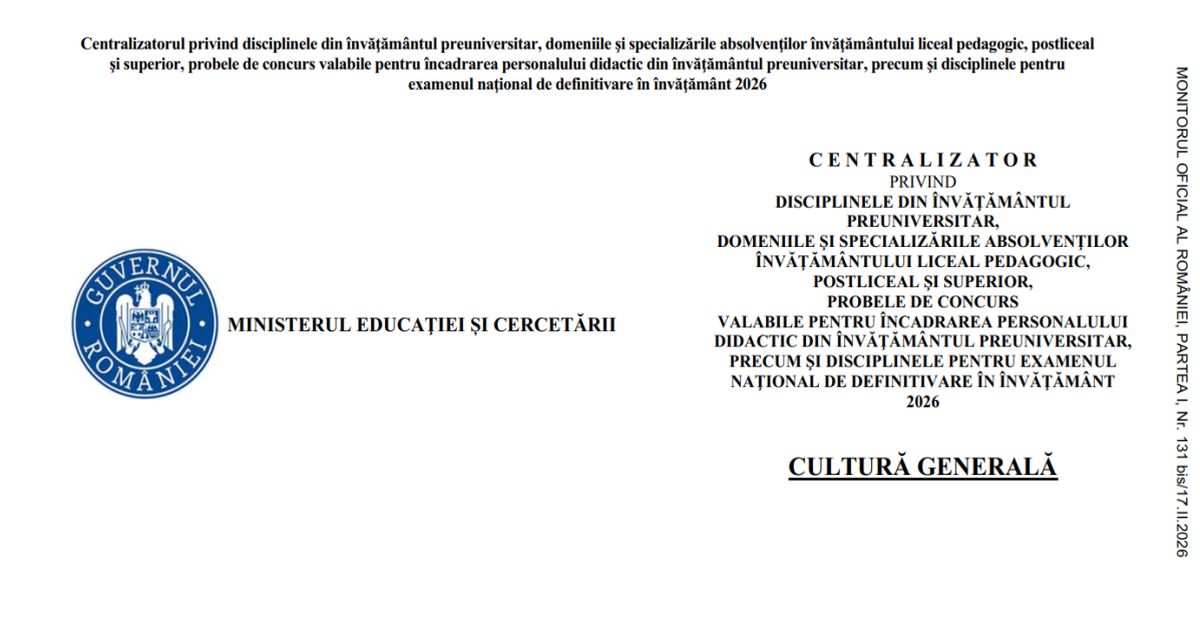 Centralizatorul disciplinelor din invatamantul preuniversitar 2026 pentru Titularizare, Definitivat si etapele de mobilitate