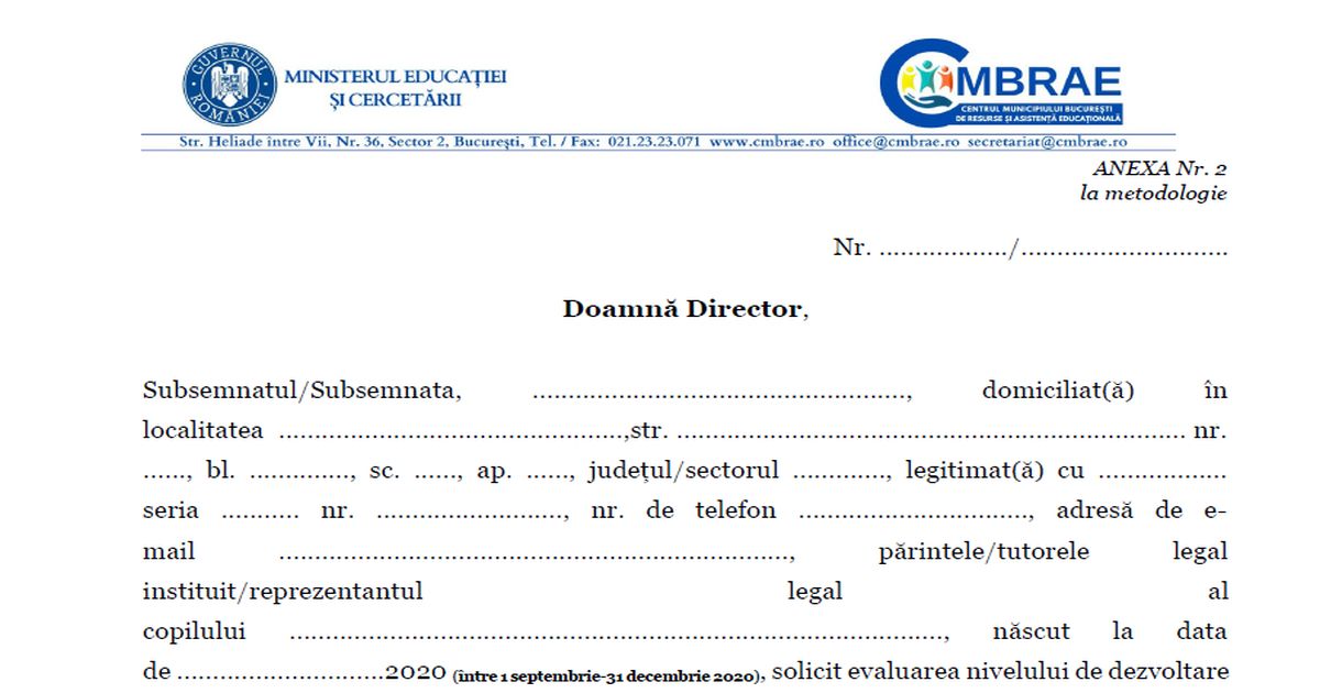 CERERE Evaluare pentru inscrierea in clasa pregatitoare 2026 - copii care nu au frecventat gradinita