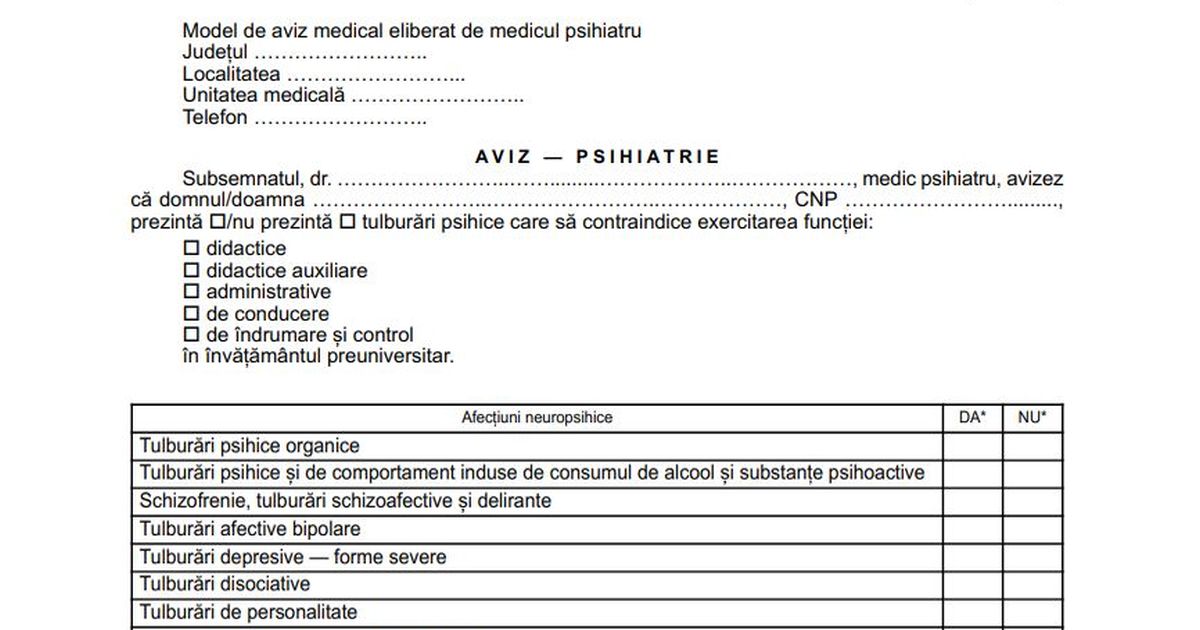 Evaluare psihica obligatorie pentru profesori la fiecare 4 ani sau la cererea scolii. Refuzul controlului reprezinta abatere disciplinara grava