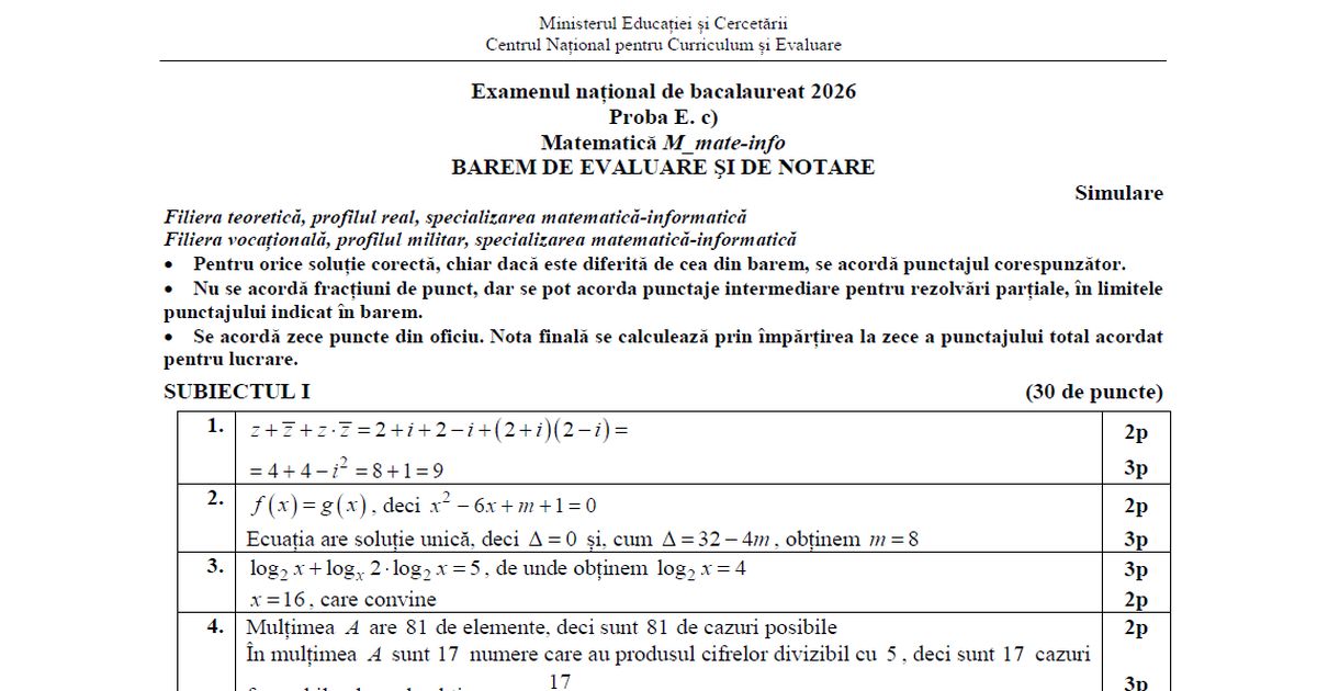 Barem Simulare BAC Matematica 2026: cum se rezolvau subiectele la clasa a XII-a