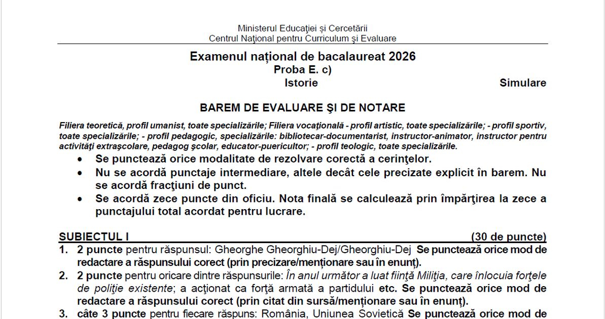 Baremul de corectare la Istorie de la Simulare BAC 2026, publicat de Ministerul Educatiei