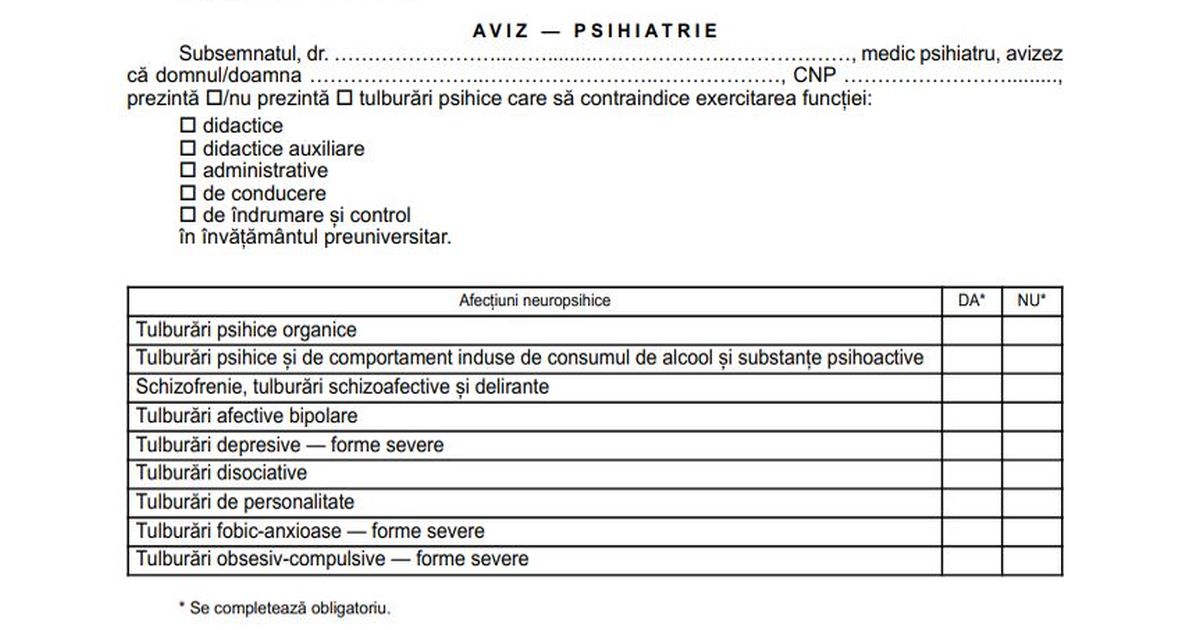 Aviz psihiatric obligatoriu la Titularizare 2026: Cum il obtii si ce acte iti trebuie pentru certificatul medical