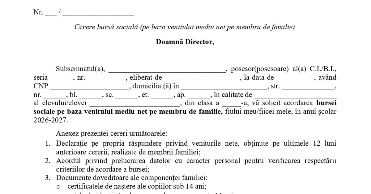 CERERI bursa sociala 2026-2027, DECLARATIE pe propria raspundere si Acord de prelucrare date personale