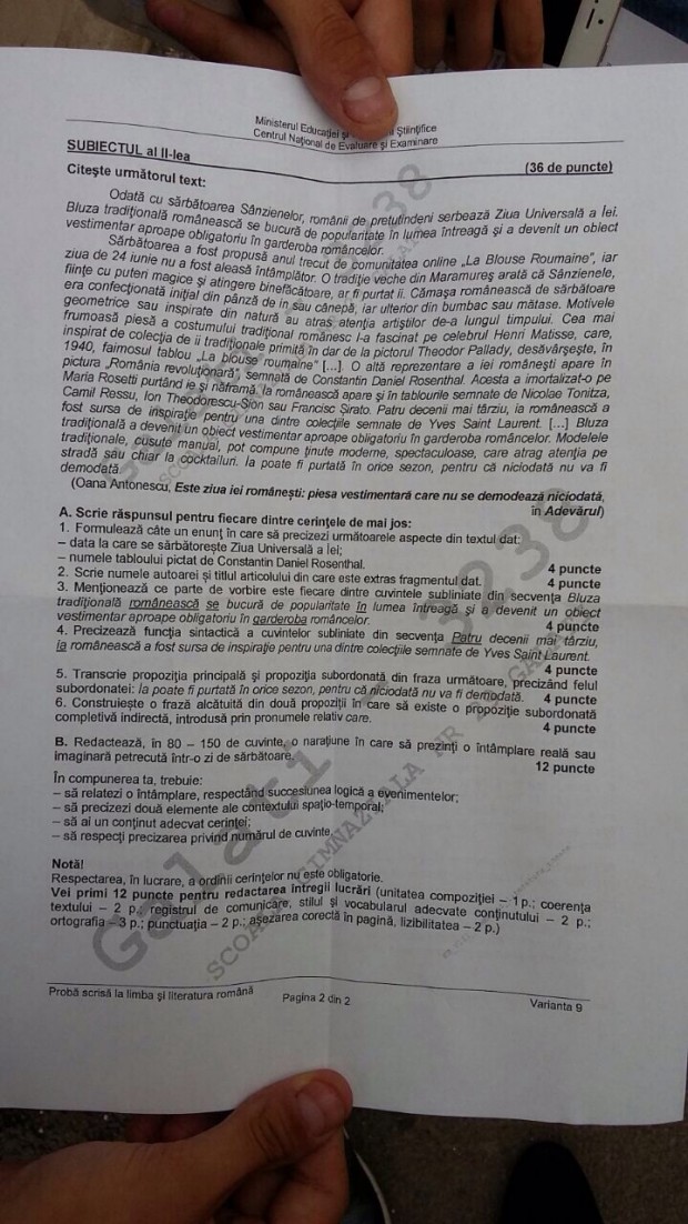 subiecte romana evaluare nationala 2015