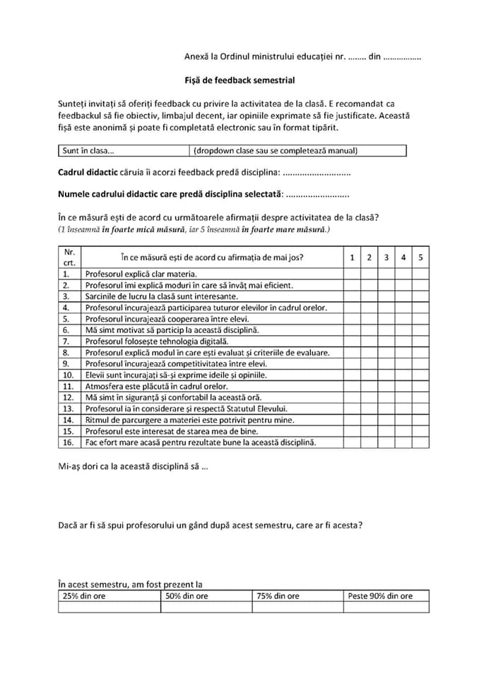 Feedback semestrial profesori