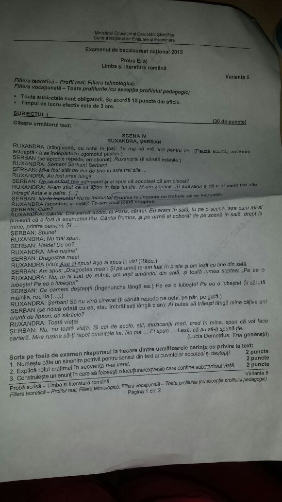 subiecte romana real bac 2015